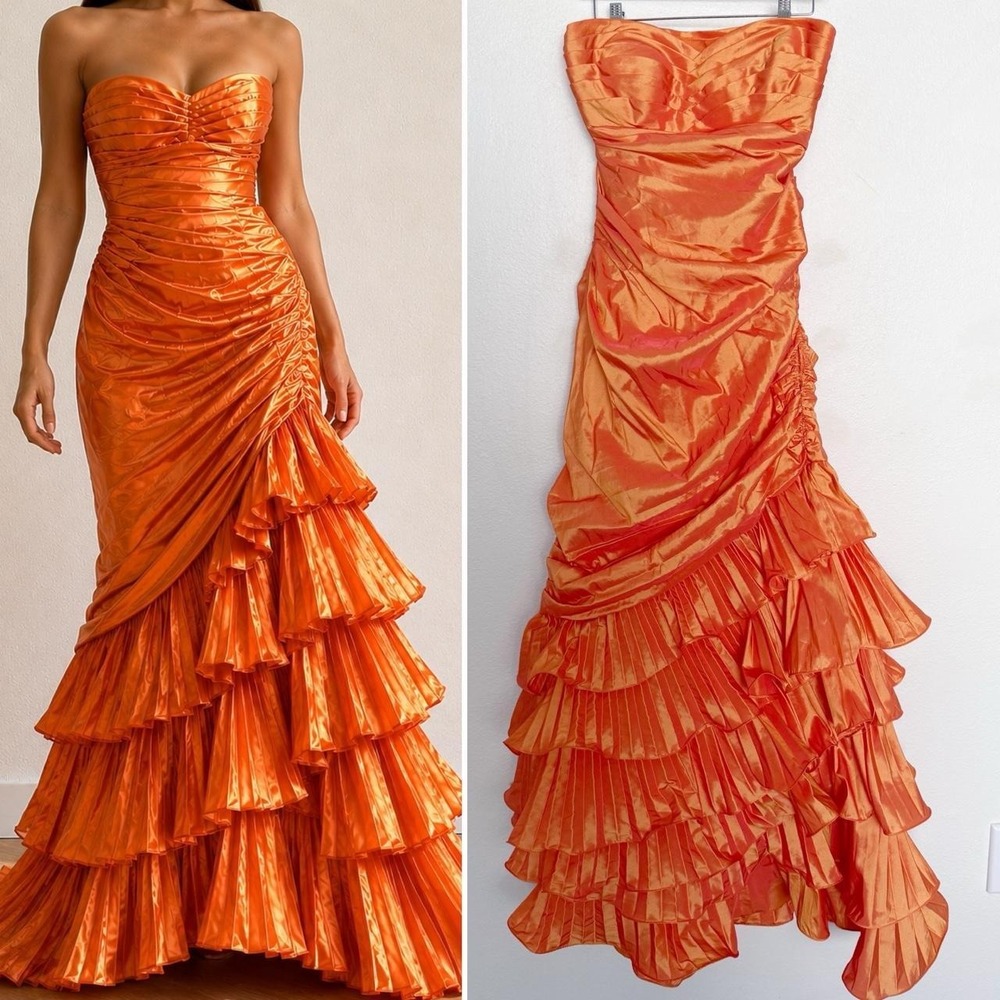 Vintage Y2K Cache Strapless Mermaid Taffeta Ruffle Gown Size 8